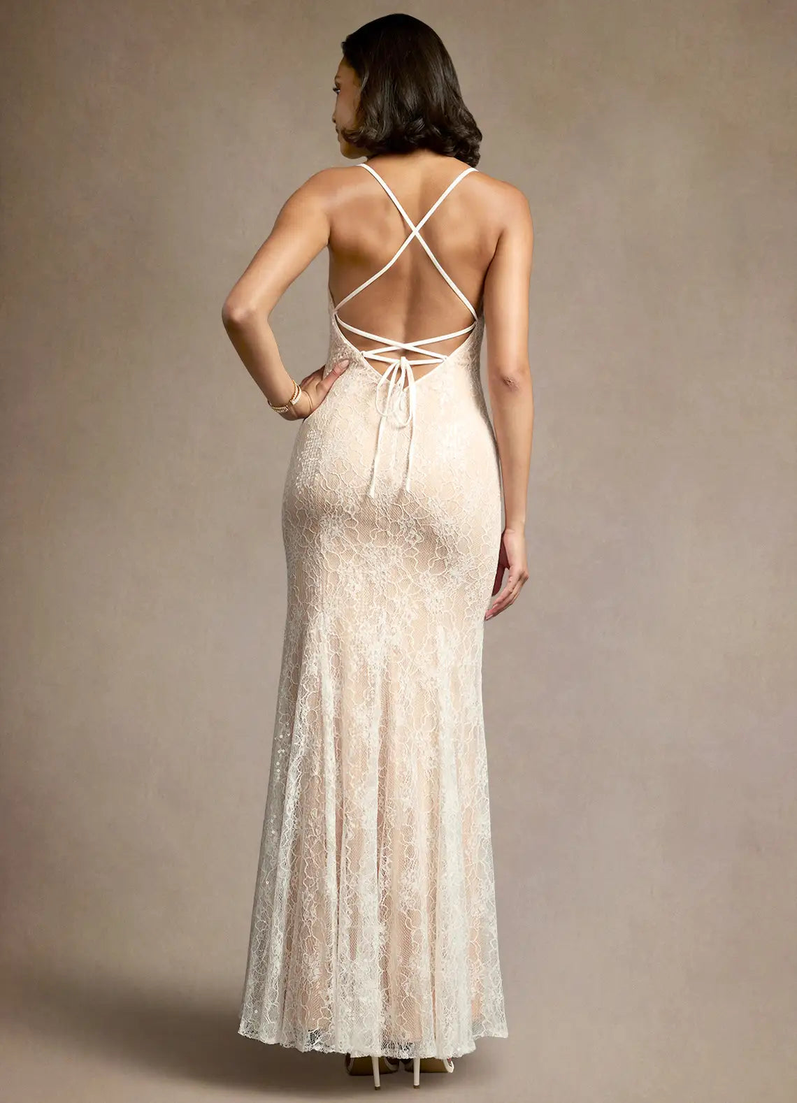 Weitese Dress White Romantic Lace Spaghetti Straps Maxi Dress Sleeveless Slit Lace Up Mermaid Backless Prom Dress